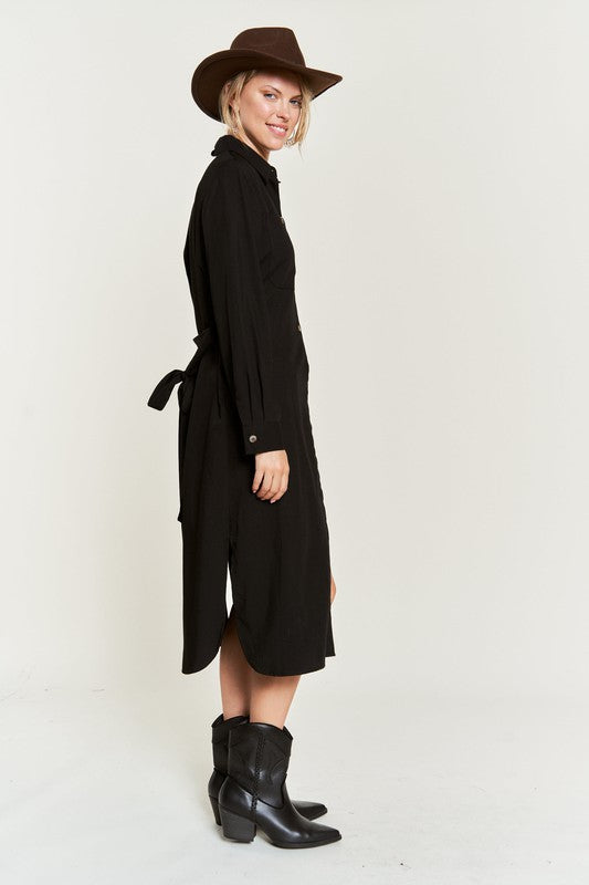 SOLID BUTTON DOWN BELTED LONG DRESS 30-545