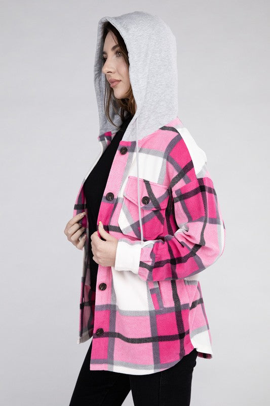 Plaid Drawstring Hooded Fleece Shacket