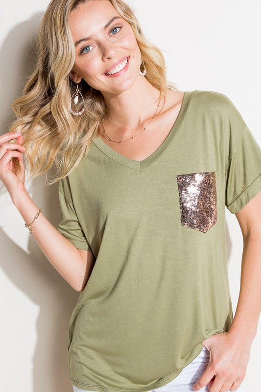 SOLID SEQUIN POCKET BOXY TOP