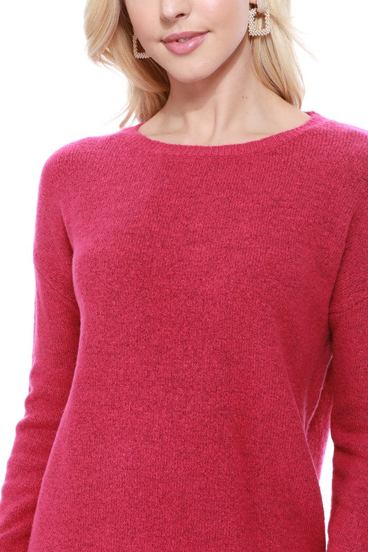 Crew-neck Knit Pullover Sweater with Side Slit