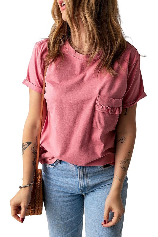 Women Frilled Pocket O-neck Short Sleeve T Shirt