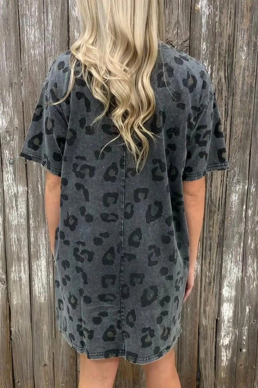 Vintage Washed Leopard T-Shirt Dress with Pockets