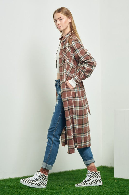 PLAID PRINT COLLAR LONG SHIRT DRESS