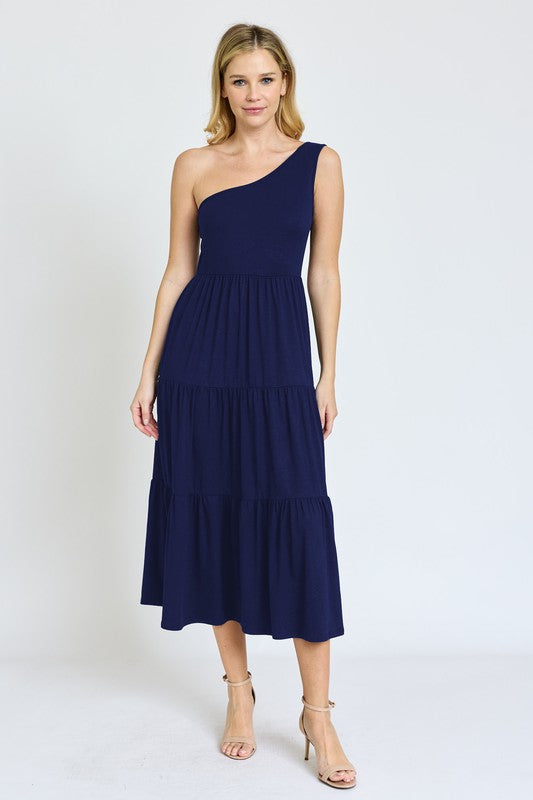 One Shoulder Ruffle Midi Dress