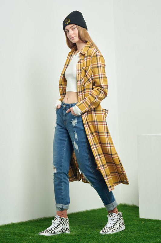 PLAID PRINT COLLAR LONG SHIRT DRESS