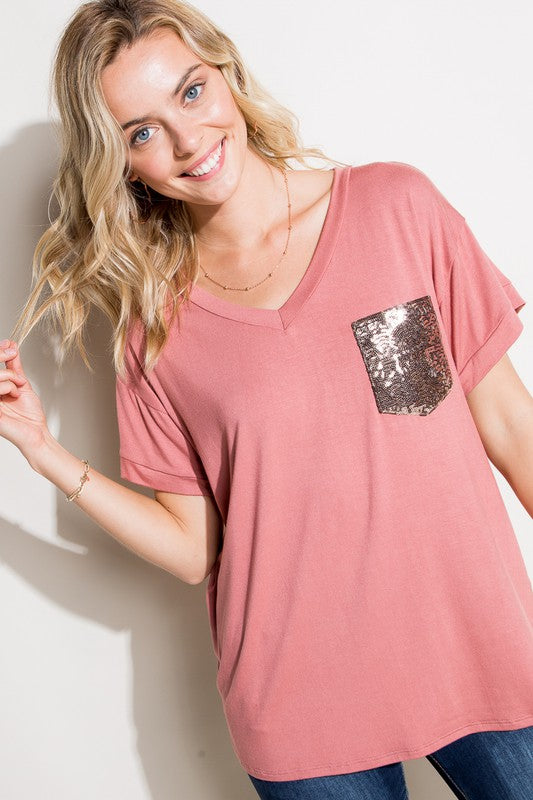 SOLID SEQUIN POCKET BOXY TOP