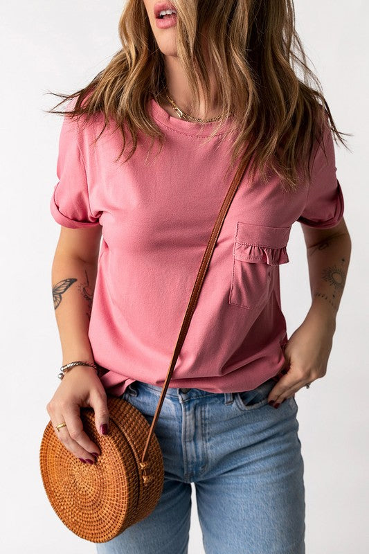 Women Frilled Pocket O-neck Short Sleeve T Shirt