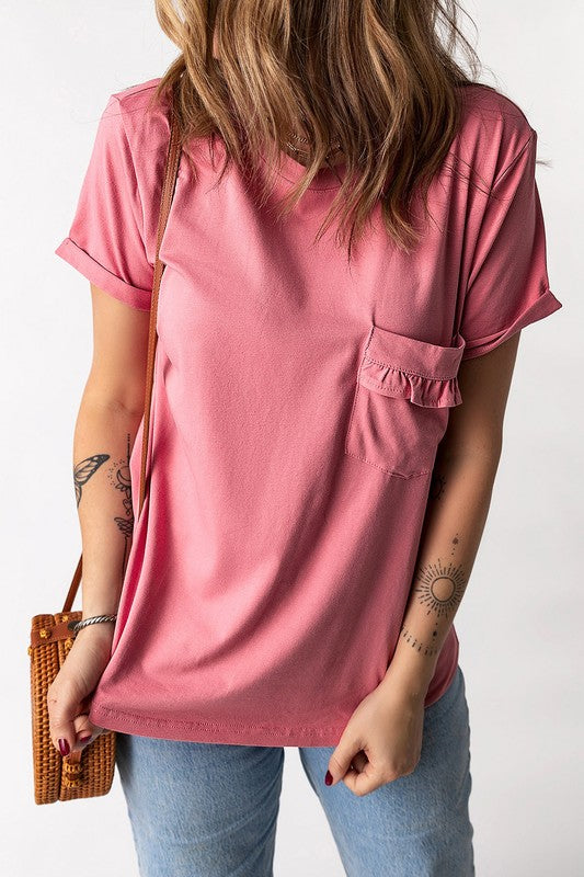 Women Frilled Pocket O-neck Short Sleeve T Shirt