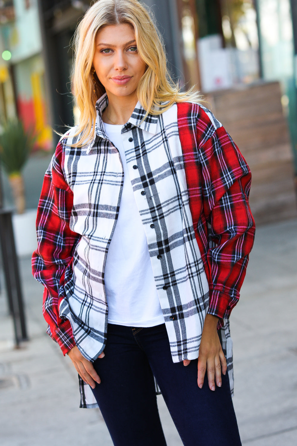 Holiday Red & White Plaid Color Block Hi Lo Shacket