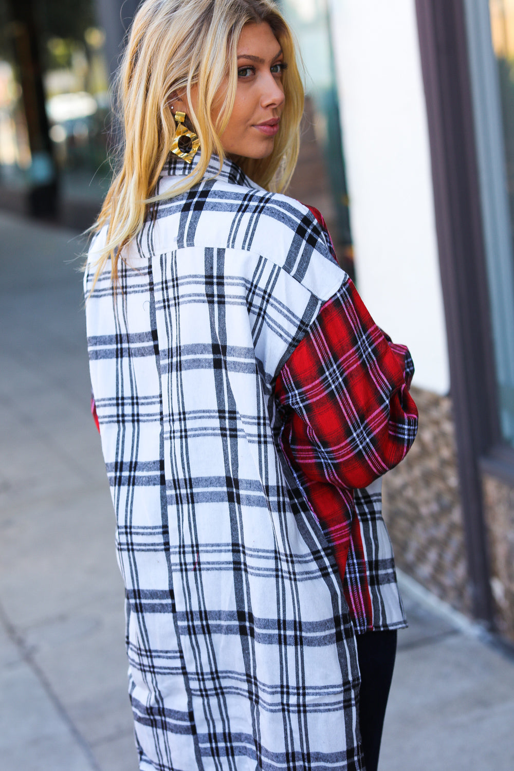 Holiday Red & White Plaid Color Block Hi Lo Shacket