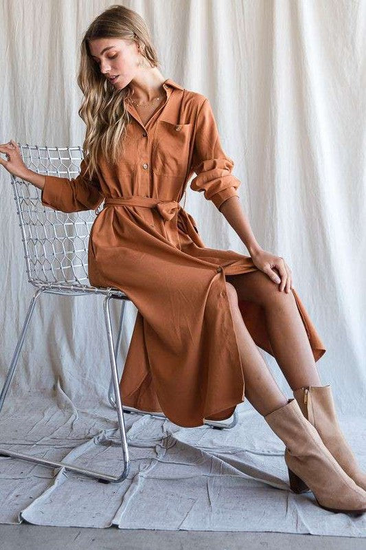 SOLID BUTTON DOWN BELTED LONG DRESS 30-545