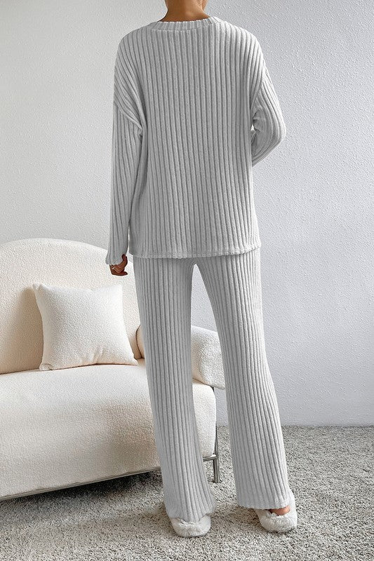 Women Ribbed Knit V Neck Slouchy Two-piece Outfit