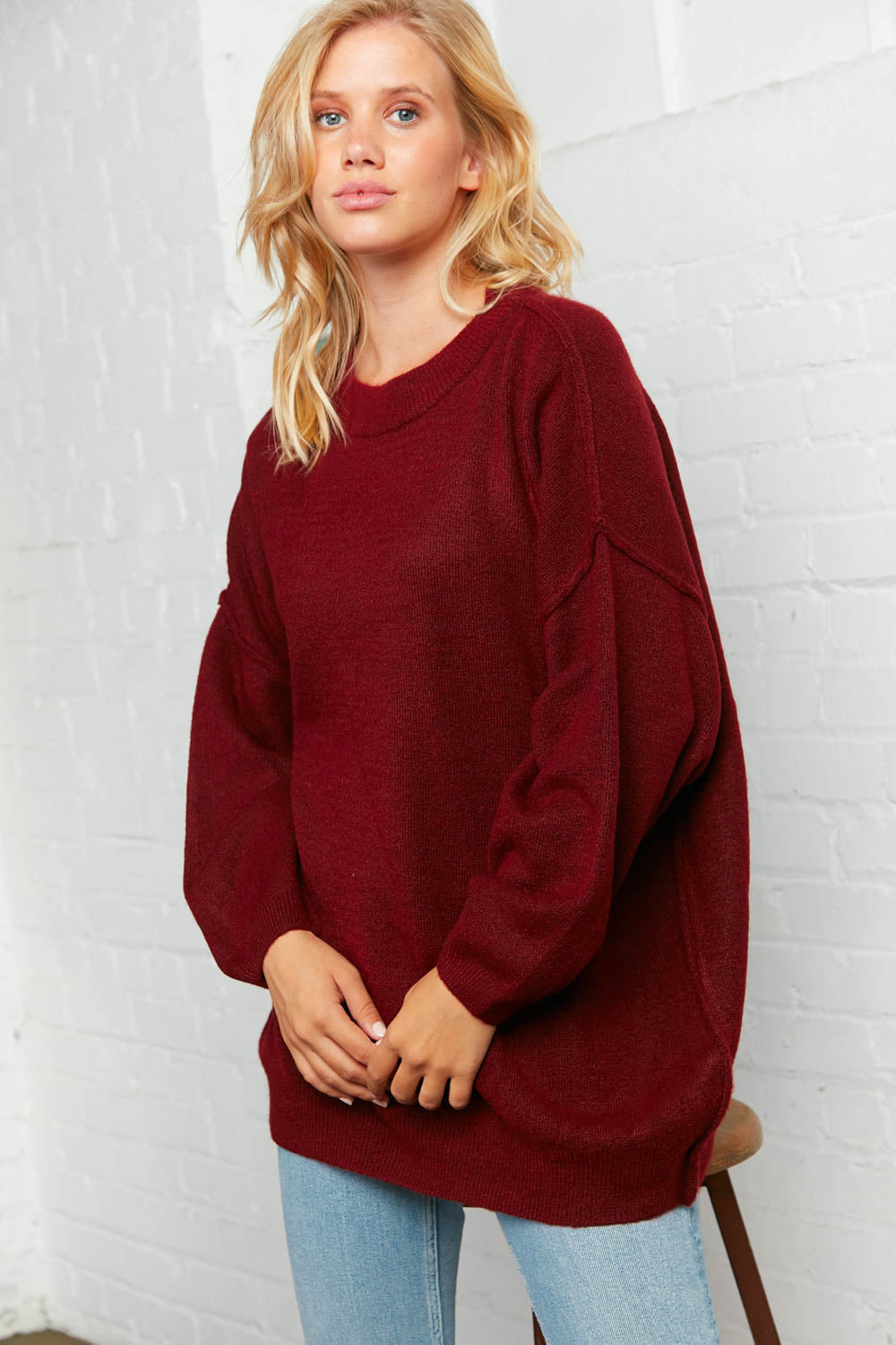 Burgundy Oversized Out Seam Knit Sweater Top