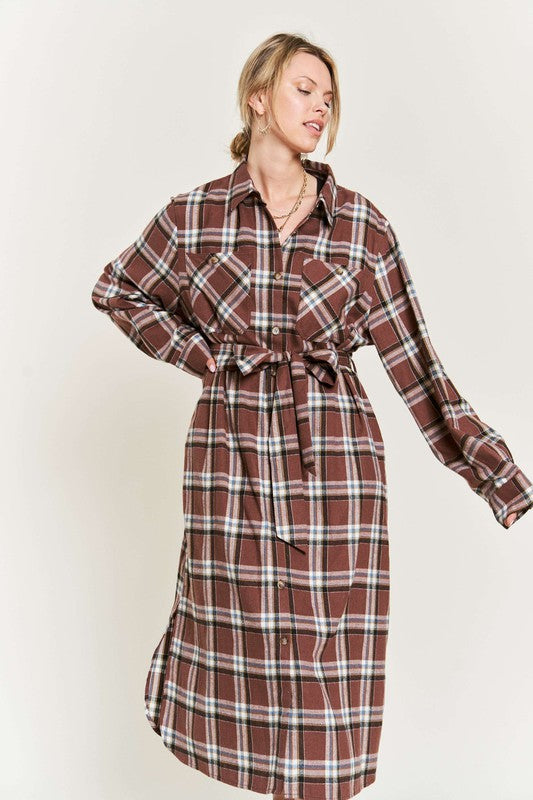 PLAID PRINT COLLAR LONG SHIRT DRESS PLUS