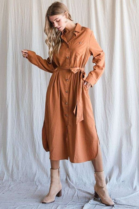 SOLID BUTTON DOWN BELTED LONG DRESS 30-545